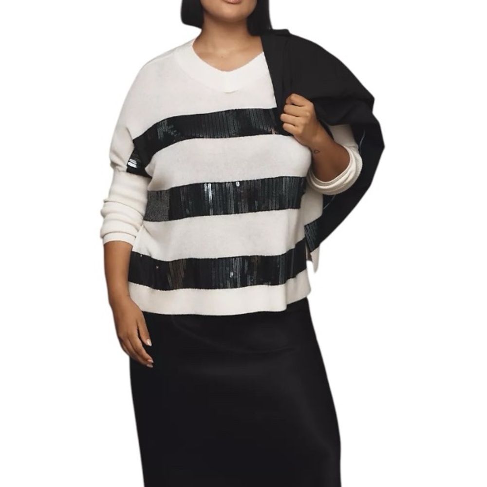 Anthropologie Maeve Cashmere Sequin Sweater White Black Plus Size 1X